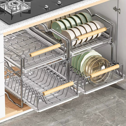 厨房碗碟抽拉收纳架碗盘橱柜拉篮抽屉式放碗水槽沥水碗碟置物架子 - Image 17