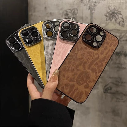 Suitable for Apple iphone17Promax, leather electroplated full cover phone case 15P leopard print ins with built-in lens film