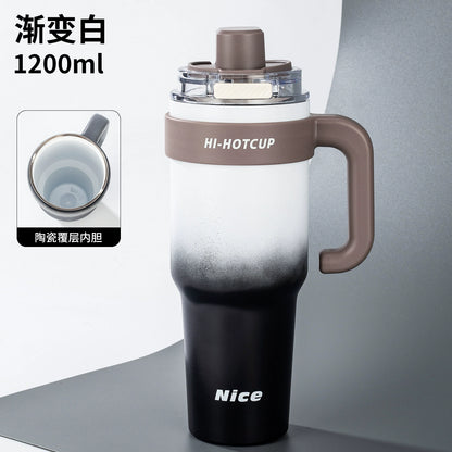 Giant large-capacity insulated ice cup, portable ceramic inner liner straw cup for men, one-click quick-opening insulated cup