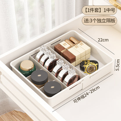 The storage box drawer is divided into built-in retractable rectangular compartments for cosmetics, lipsticks, snacks and small sundries
