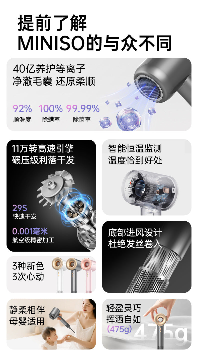 Miniso household high-speed hair dryer, high-power intelligent constant-temperature quick-drying negative ion hair dryer