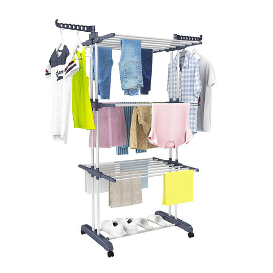 Clothes drying rack, super large 3 - layer (170cm high) foldable stainless steel clothes drying rack for clothing, movable clothes drying rack with 4 casters, 24 clothes drying rods and 14 hooks, for bed sheets, clothes, gray - 折叠式多功能晾衣架 - Zhongshan Star Trade