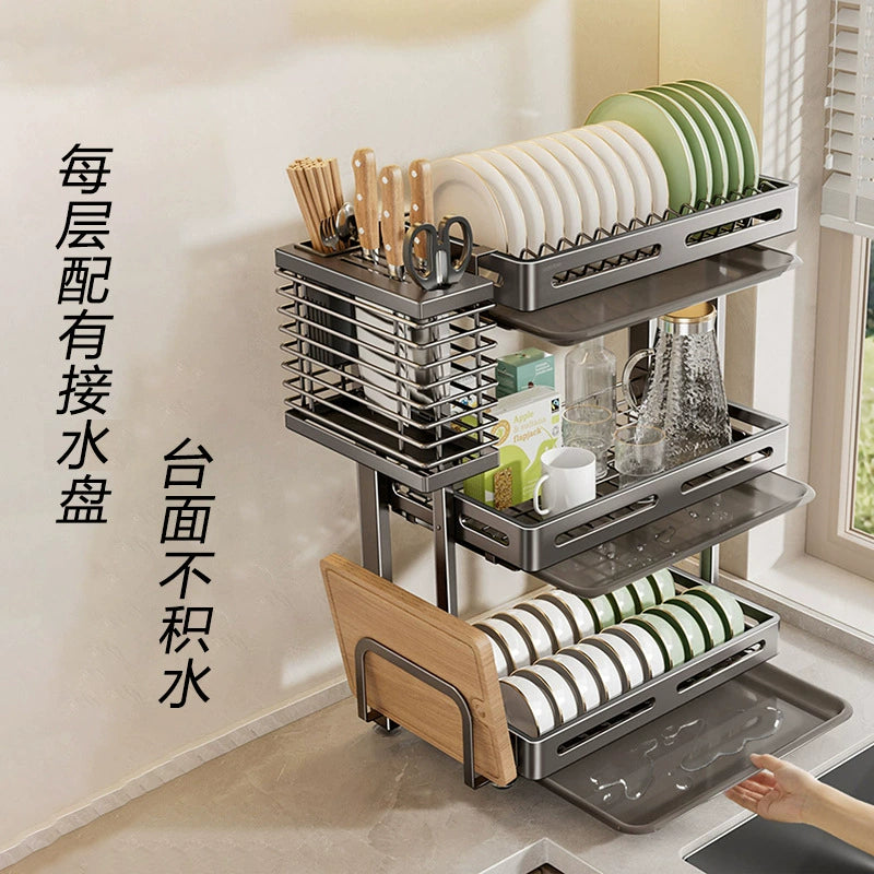 304 stainless steel folding draining dish rack, kitchen multi-functional storage stand, multi-layer dish cabinet, dish and sp