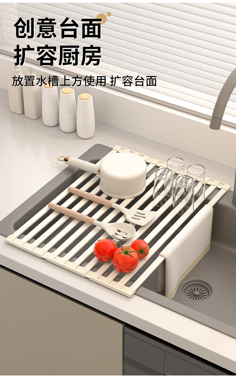 Foldable kitchen drain rack, heat-insulating mat, stainless steel sink, dish drainer, and storage rack - Image 8