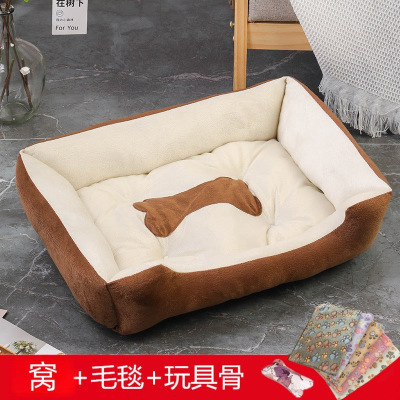 Rectangular washable orthopedic dog bed, suitable for small, medium and large dogs, soft and calm, durable pet bed for sleeping puppies, with anti - slip bottom 矩形可水洗矫形狗床，适用于小型、中型和大型犬，柔软镇静，睡眠小狗床耐用宠物抱抱器，带防滑底部 - 宠物友好型户外用品 - Zhongshan Star Trade - 咖米色+毛毯+骨头 - 90*70*15cm（70斤内 - 1200g）