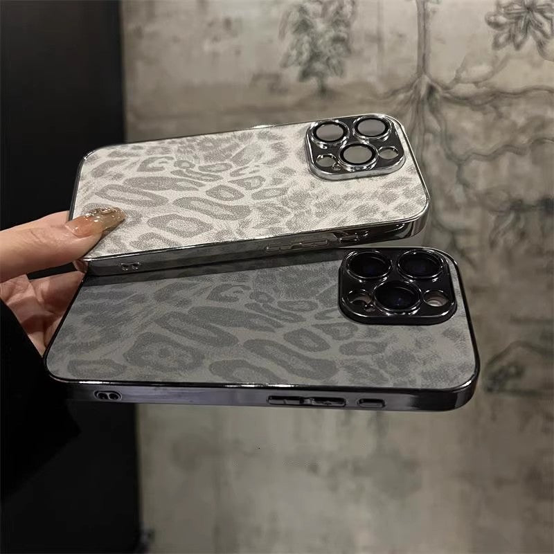 Suitable for Apple iphone17Promax, leather electroplated full cover phone case 15P leopard print ins with built-in lens film