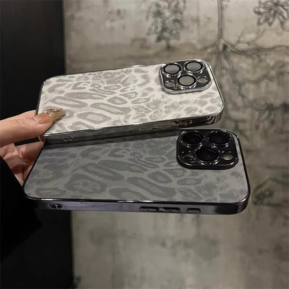 Suitable for Apple iphone17Promax, leather electroplated full cover phone case 15P leopard print ins with built-in lens film