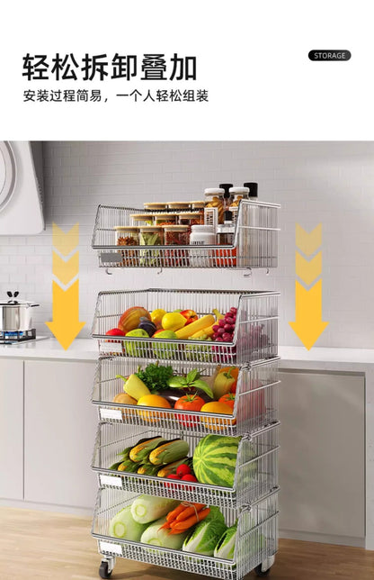 Multi-layered floor-standing household fruit, vegetable and snack storage rack, multi-functional living room trolley