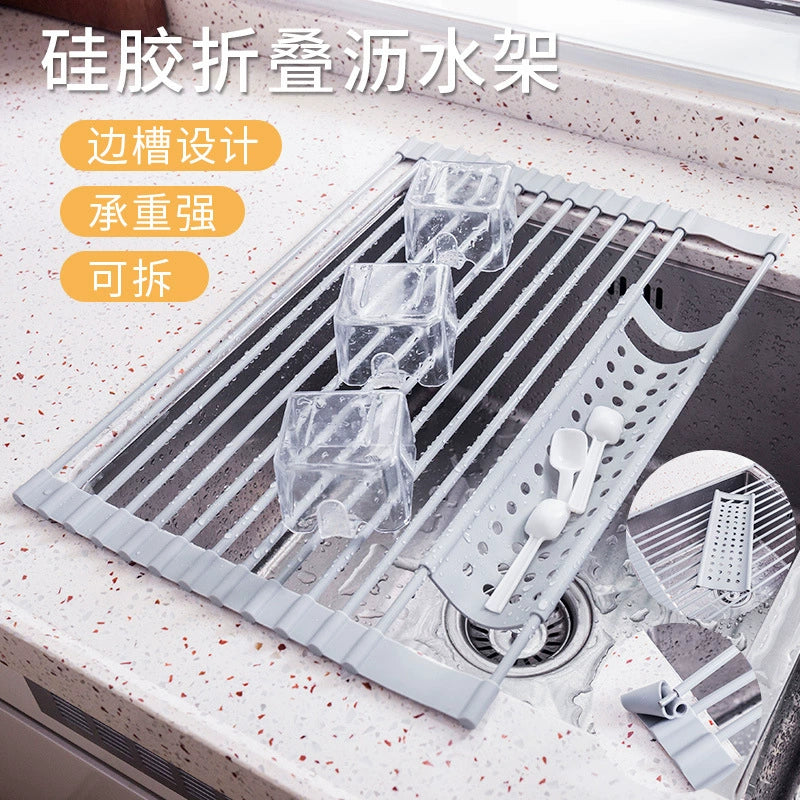Kitchen silicone draining rack, roller shutter sink dish rack, foldable water filter rack - Image 3