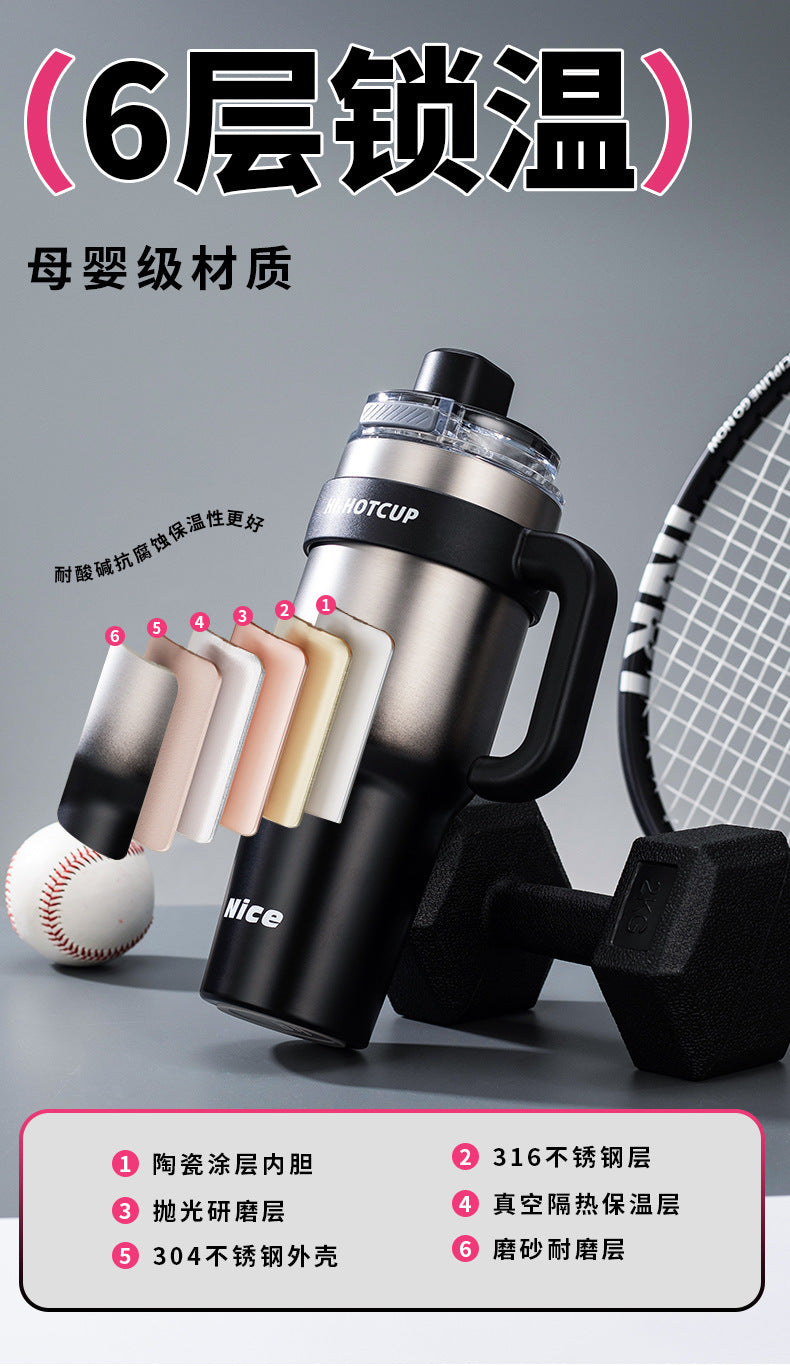 Giant large-capacity insulated ice cup, portable ceramic inner liner straw cup for men, one-click quick-opening insulated cup