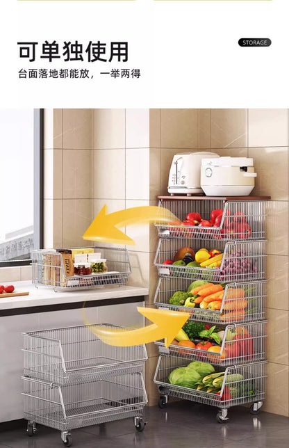 Multi-layered floor-standing household fruit, vegetable and snack storage rack, multi-functional living room trolley