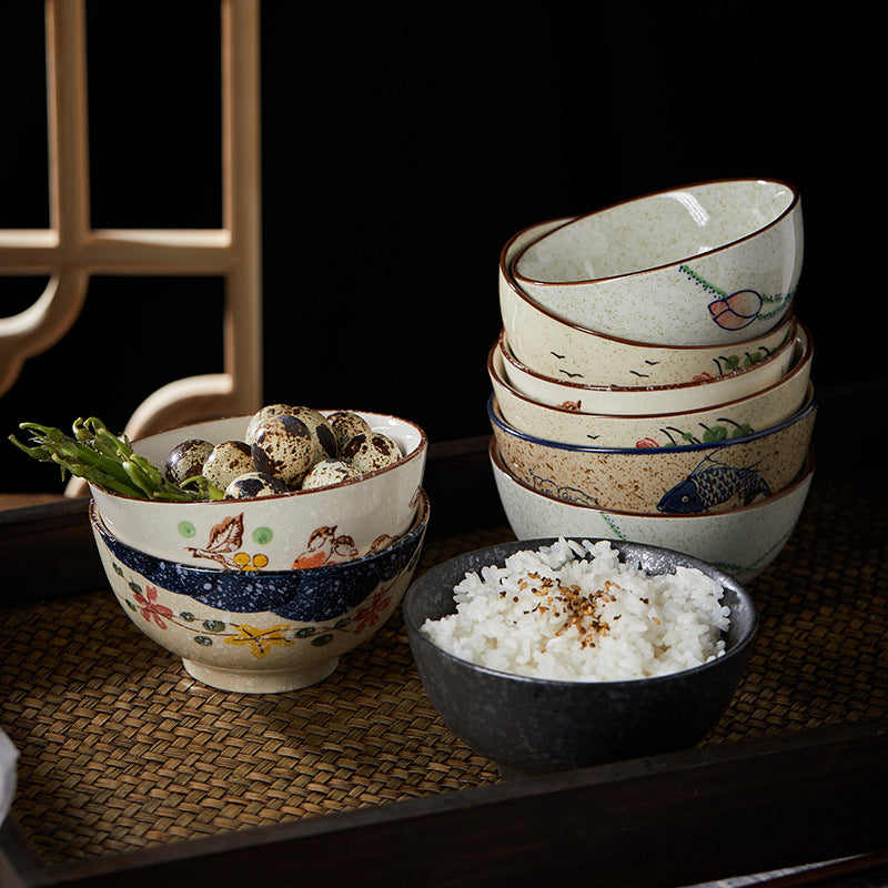 4.5 inch, 5 inch, retro Chinese Japanese creative hand - painted flower cereal ceramic soup rice bowl  4.5 英寸、5英寸，复古中国日式创意手绘花卉麦片陶瓷汤饭碗 - 日式餐具 - Zhongshan Star Trade