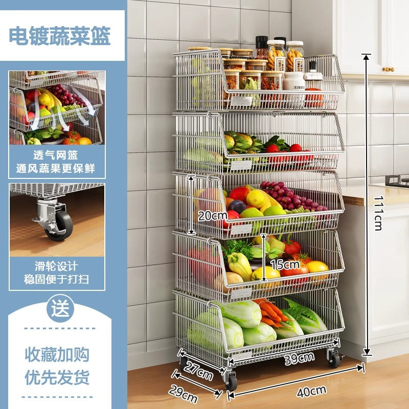 Multi-layered floor-standing household fruit, vegetable and snack storage rack, multi-functional living room trolley