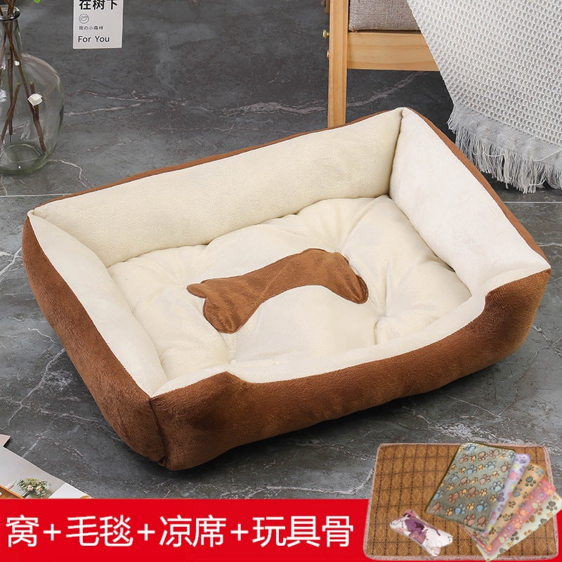 Rectangular washable orthopedic dog bed, suitable for small, medium and large dogs, soft and calm, durable pet bed for sleeping puppies, with anti - slip bottom 矩形可水洗矫形狗床，适用于小型、中型和大型犬，柔软镇静，睡眠小狗床耐用宠物抱抱器，带防滑底部 - 宠物友好型户外用品 - Zhongshan Star Trade - 咖米色+毛毯+凉席+骨头 - 90*70*15cm（70斤内 - 1200g）