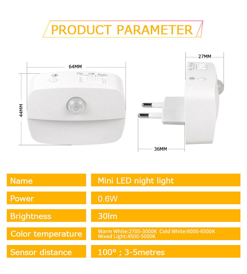 Intelligent human body sensor plug-in night light LED infrared sensor room staircase corridor light PIR night light