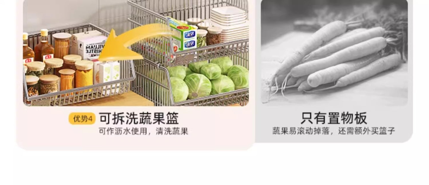 Multi-layered floor-standing household fruit, vegetable and snack storage rack, multi-functional living room trolley