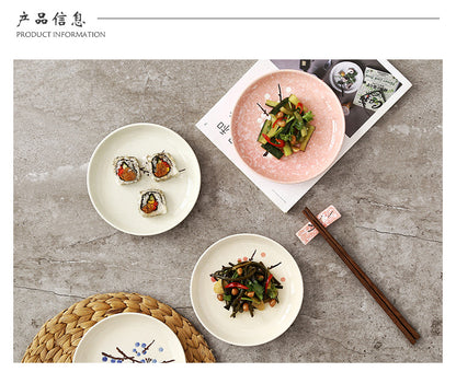 6 - inch Japanese - style round plates, creative plum blossom hand - painted underglaze ceramic tableware, dessert plates, side dish plates, bone plates 6英寸日式圆碟创意梅花手绘釉下彩陶瓷餐具点心碟子小菜碟盘骨碟 - 日式餐具 - Zhongshan Star Trade