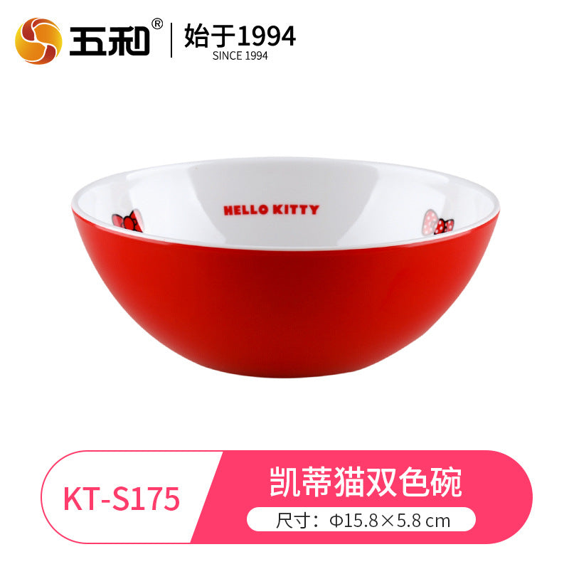 Genuine Sanrio Hello Kitty children's melamine tableware, high appearance level plates, cartoon bowls, plates, cups and tableware 正版三丽鸥凯蒂猫儿童密胺餐具高颜值餐盘卡通碗盘子杯子餐具 - 日式餐具 - Zhongshan Star Trade - 凯蒂猫双色碗KT - S175