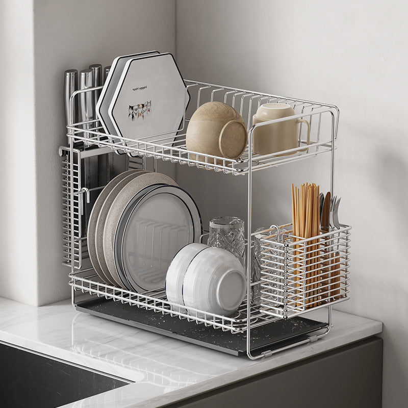 Kitchen drain rack, 304 stainless steel bowl rack, storage rack, countertop double-layer drain rack, tableware storage rack -