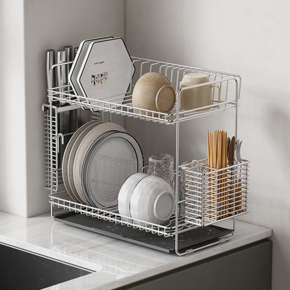 Kitchen drain rack, 304 stainless steel bowl rack, storage rack, countertop double-layer drain rack, tableware storage rack -