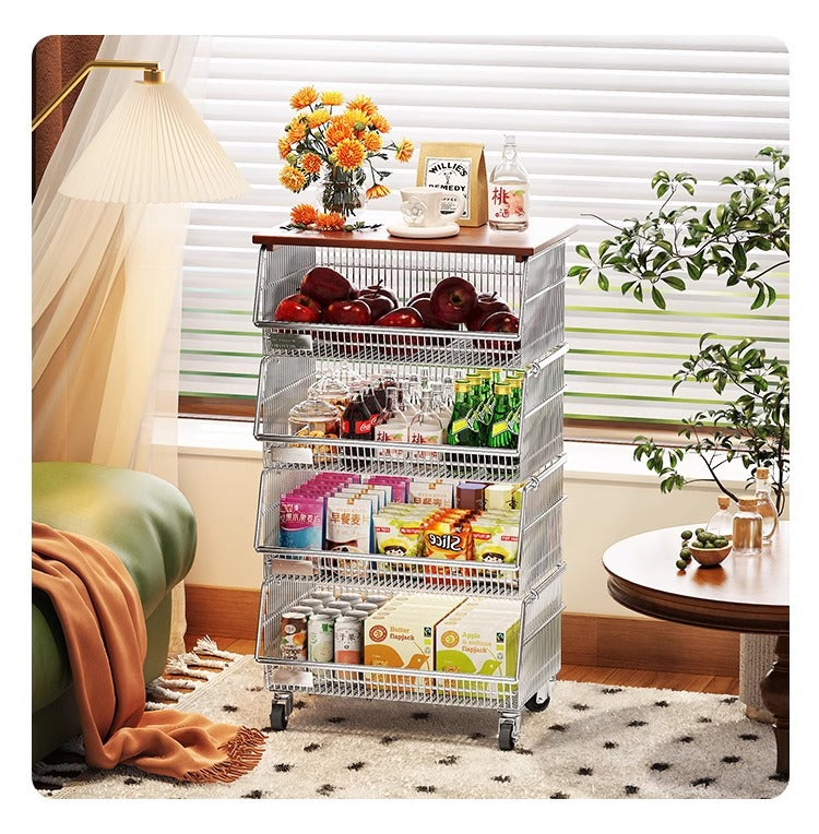 Multi-layered floor-standing household fruit, vegetable and snack storage rack, multi-functional living room trolley