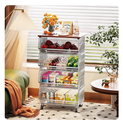Multi-layered floor-standing household fruit, vegetable and snack storage rack, multi-functional living room trolley