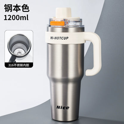 Giant large-capacity insulated ice cup, portable ceramic inner liner straw cup for men, one-click quick-opening insulated cup