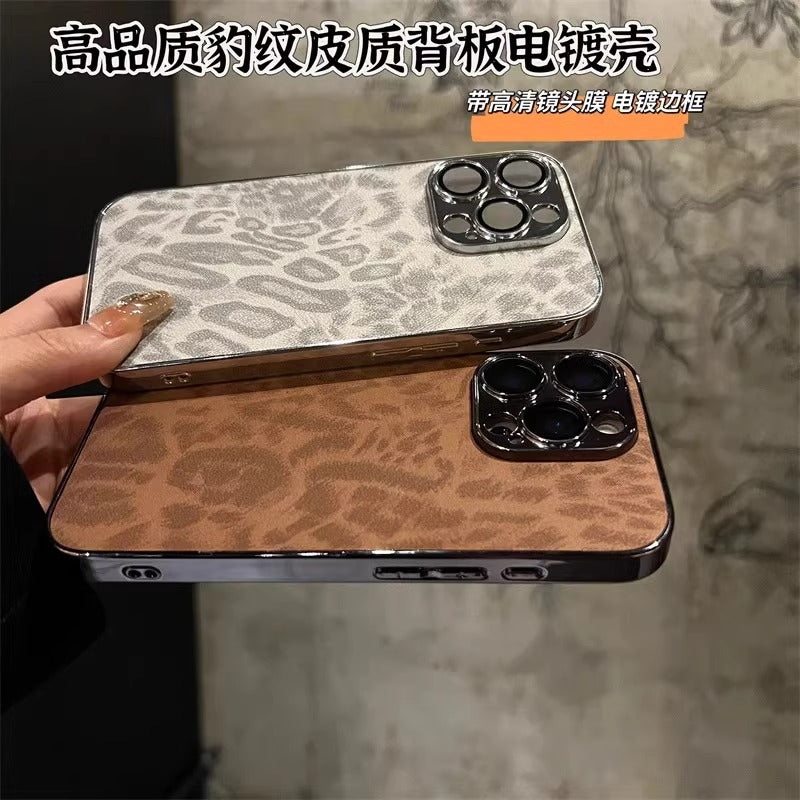 Suitable for Apple iphone17Promax, leather electroplated full cover phone case 15P leopard print ins with built-in lens film