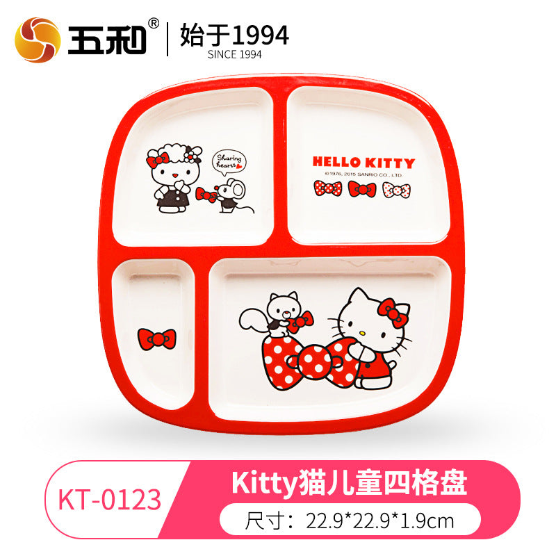 Genuine Sanrio Hello Kitty children's melamine tableware, high appearance level plates, cartoon bowls, plates, cups and tableware 正版三丽鸥凯蒂猫儿童密胺餐具高颜值餐盘卡通碗盘子杯子餐具 - 日式餐具 - Zhongshan Star Trade - 凯蒂猫儿童四格盘KT - 0123