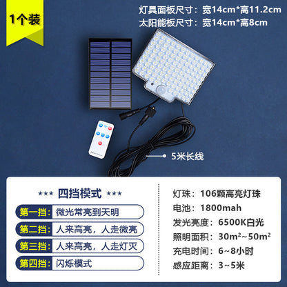 Solar outdoor light 2835LM 106 LED safety light, with remote control, IP65 waterproof, 180° wide-angle floodlight wall lamp, with 4 modes