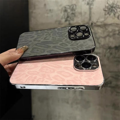 Suitable for Apple iphone17Promax, leather electroplated full cover phone case 15P leopard print ins with built-in lens film