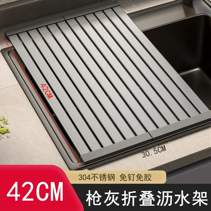 Sink draining rack, 304 stainless steel foldable bowl rack, storage rack, gun grey kitchen countertop storage water filter pa