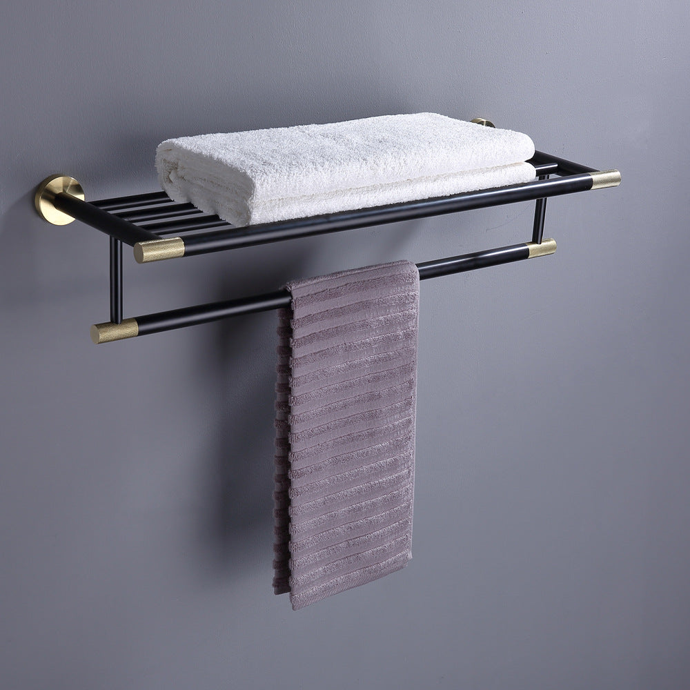 Brushed gold + black household stainless steel perforated towel rack, bathroom bath towel rack