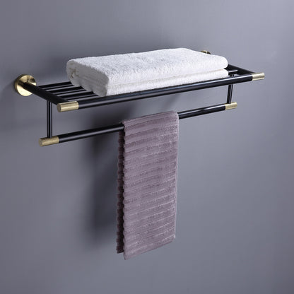 Brushed gold + black household stainless steel perforated towel rack, bathroom bath towel rack