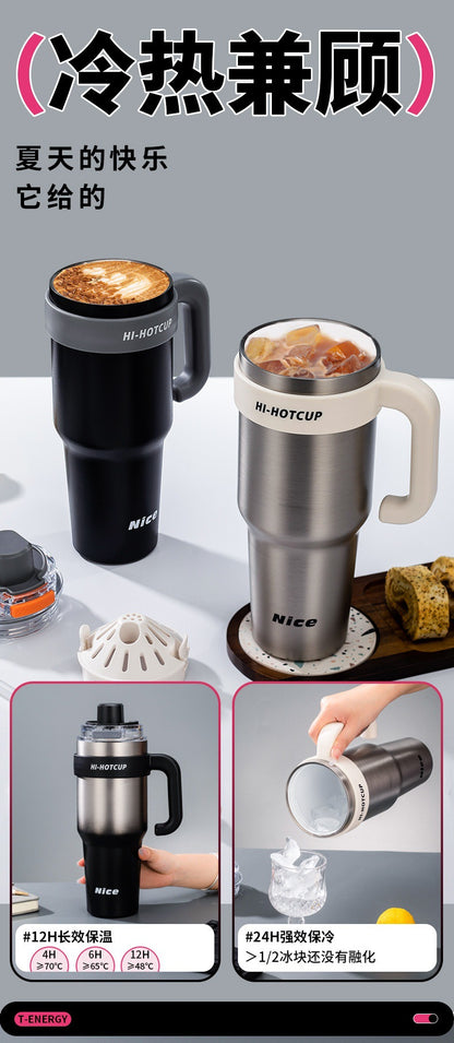 Giant large-capacity insulated ice cup, portable ceramic inner liner straw cup for men, one-click quick-opening insulated cup