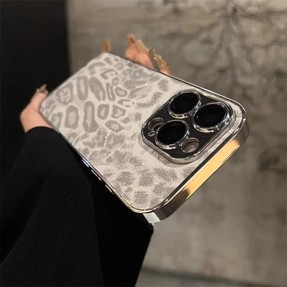 Suitable for Apple iphone17Promax, leather electroplated full cover phone case 15P leopard print ins with built-in lens film