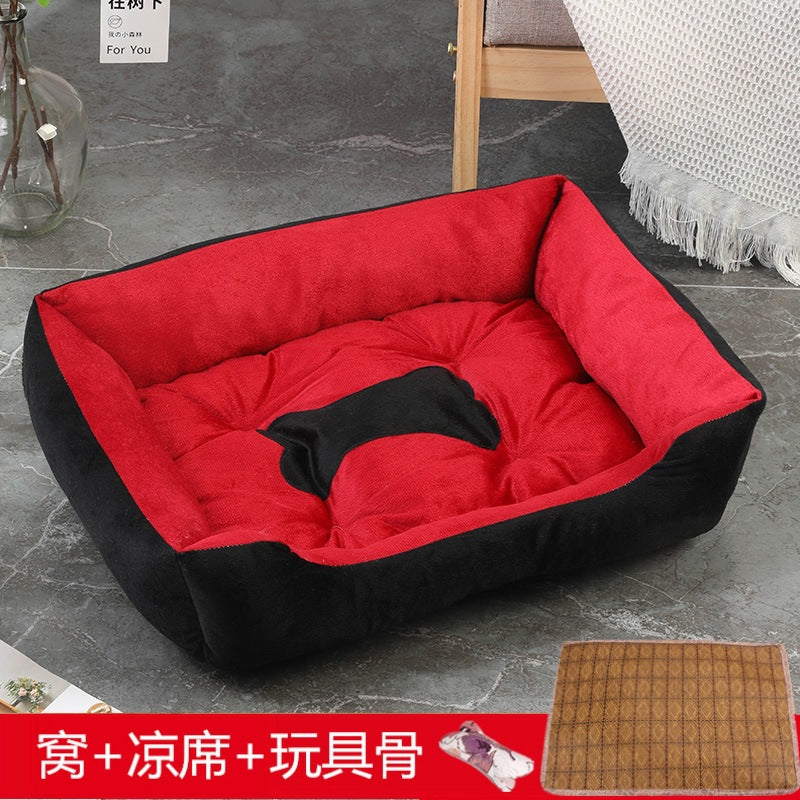 Rectangular washable orthopedic dog bed, suitable for small, medium and large dogs, soft and calm, durable pet bed for sleeping puppies, with anti - slip bottom 矩形可水洗矫形狗床，适用于小型、中型和大型犬，柔软镇静，睡眠小狗床耐用宠物抱抱器，带防滑底部 - 宠物友好型户外用品 - Zhongshan Star Trade - 红黑色+凉席+骨头 - 90*70*15cm（70斤内 - 1200g）