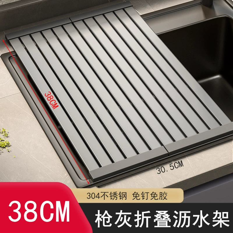 Sink draining rack, 304 stainless steel foldable bowl rack, storage rack, gun grey kitchen countertop storage water filter pa