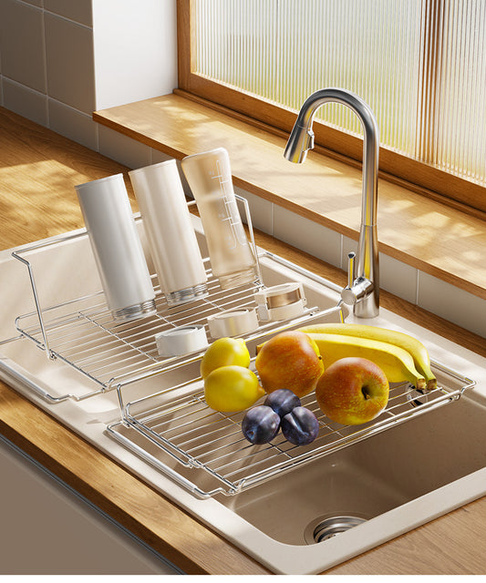 Stainless steel kitchen folding telescopic sink rack, dish draining rack, household dish and fruit and vegetable storage rack