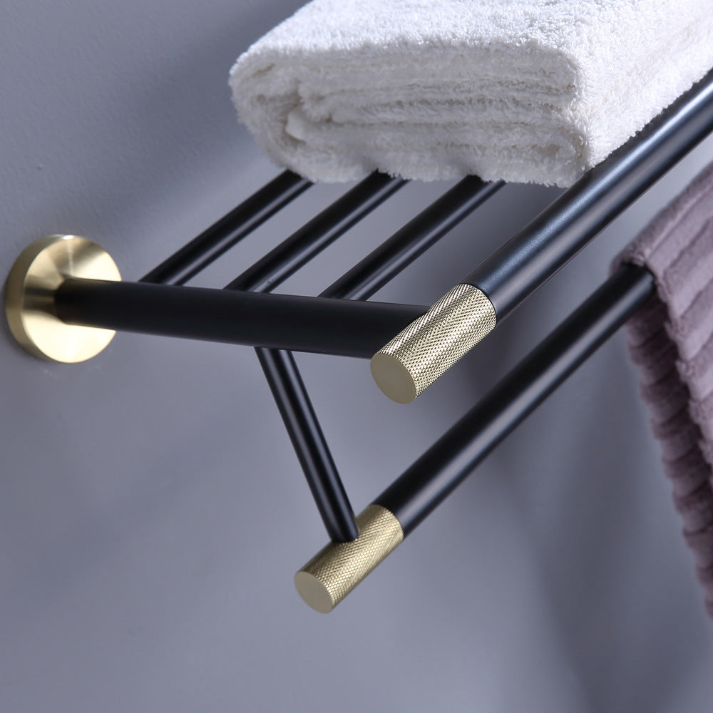 Brushed gold + black household stainless steel perforated towel rack, bathroom bath towel rack