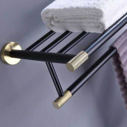 Brushed gold + black household stainless steel perforated towel rack, bathroom bath towel rack