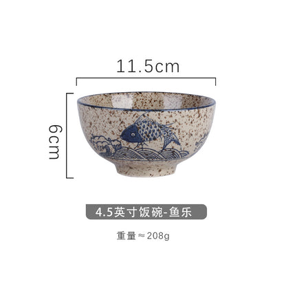 4.5 inch, 5 inch, retro Chinese Japanese creative hand - painted flower cereal ceramic soup rice bowl  4.5 英寸、5英寸，复古中国日式创意手绘花卉麦片陶瓷汤饭碗 - 日式餐具 - Zhongshan Star Trade - 鱼乐4.5英寸米饭碗