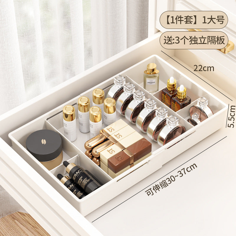 The storage box drawer is divided into built-in retractable rectangular compartments for cosmetics, lipsticks, snacks and small sundries