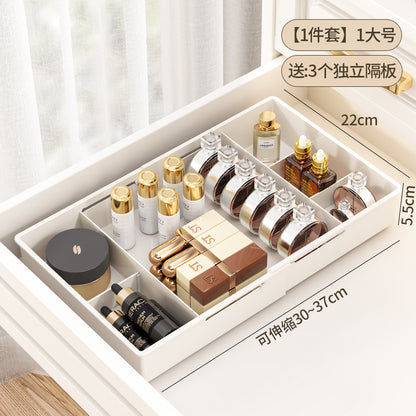 The storage box drawer is divided into built-in retractable rectangular compartments for cosmetics, lipsticks, snacks and small sundries