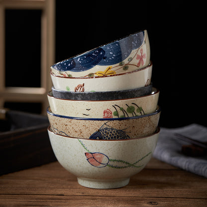 4.5 inch, 5 inch, retro Chinese Japanese creative hand - painted flower cereal ceramic soup rice bowl  4.5 英寸、5英寸，复古中国日式创意手绘花卉麦片陶瓷汤饭碗 - 日式餐具 - Zhongshan Star Trade
