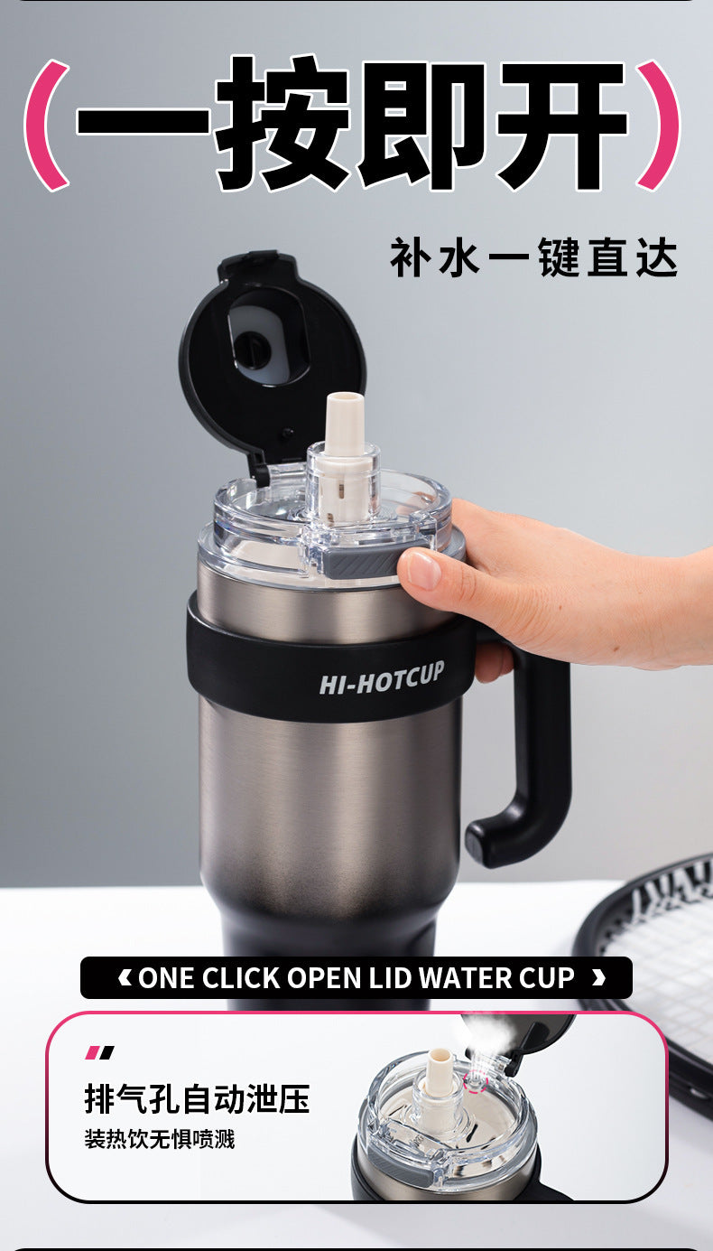 Giant large-capacity insulated ice cup, portable ceramic inner liner straw cup for men, one-click quick-opening insulated cup