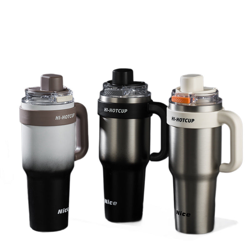 Giant large-capacity insulated ice cup, portable ceramic inner liner straw cup for men, one-click quick-opening insulated cup