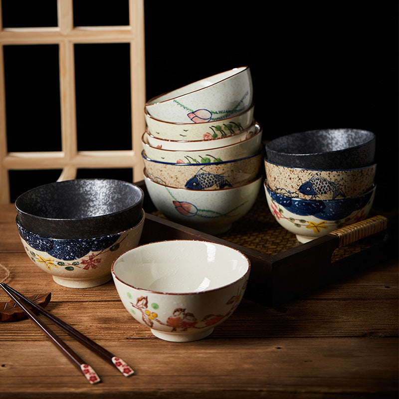 4.5 inch, 5 inch, retro Chinese Japanese creative hand - painted flower cereal ceramic soup rice bowl  4.5 英寸、5英寸，复古中国日式创意手绘花卉麦片陶瓷汤饭碗 - 日式餐具 - Zhongshan Star Trade