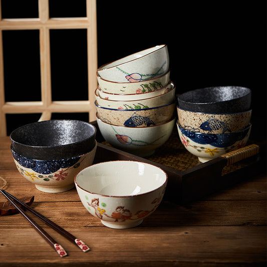 4.5 inch, 5 inch, retro Chinese Japanese creative hand - painted flower cereal ceramic soup rice bowl  4.5 英寸、5英寸，复古中国日式创意手绘花卉麦片陶瓷汤饭碗 - 日式餐具 - Zhongshan Star Trade