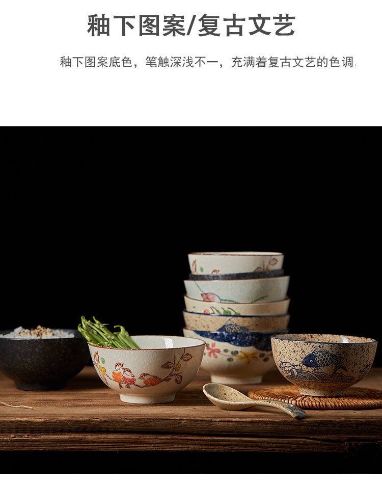 4.5 inch, 5 inch, retro Chinese Japanese creative hand - painted flower cereal ceramic soup rice bowl  4.5 英寸、5英寸，复古中国日式创意手绘花卉麦片陶瓷汤饭碗 - 日式餐具 - Zhongshan Star Trade
